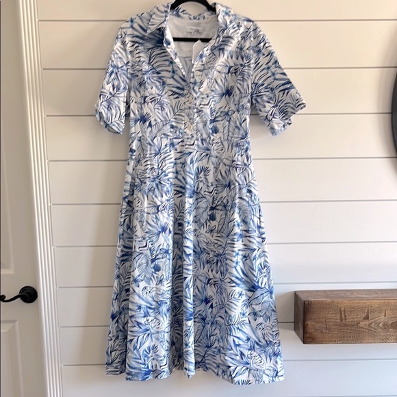 Rosetta Getty Blue and White Midi Sundress with Notched Collar - Picture 3 of 13